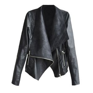 Black Faux Leather Waterfall Open Front Jacket